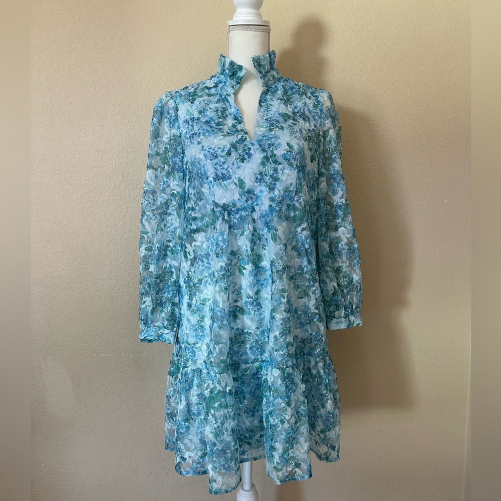 Tuckernuck Water's Edge Hydrangea Organza Palmerston Mini Dress Long Sleeve M - Picture 3 of 15